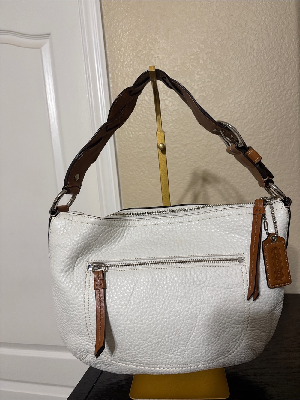 Coach White Pebbled Leather Shoulder Bag with Brown Trim and Handles 2008